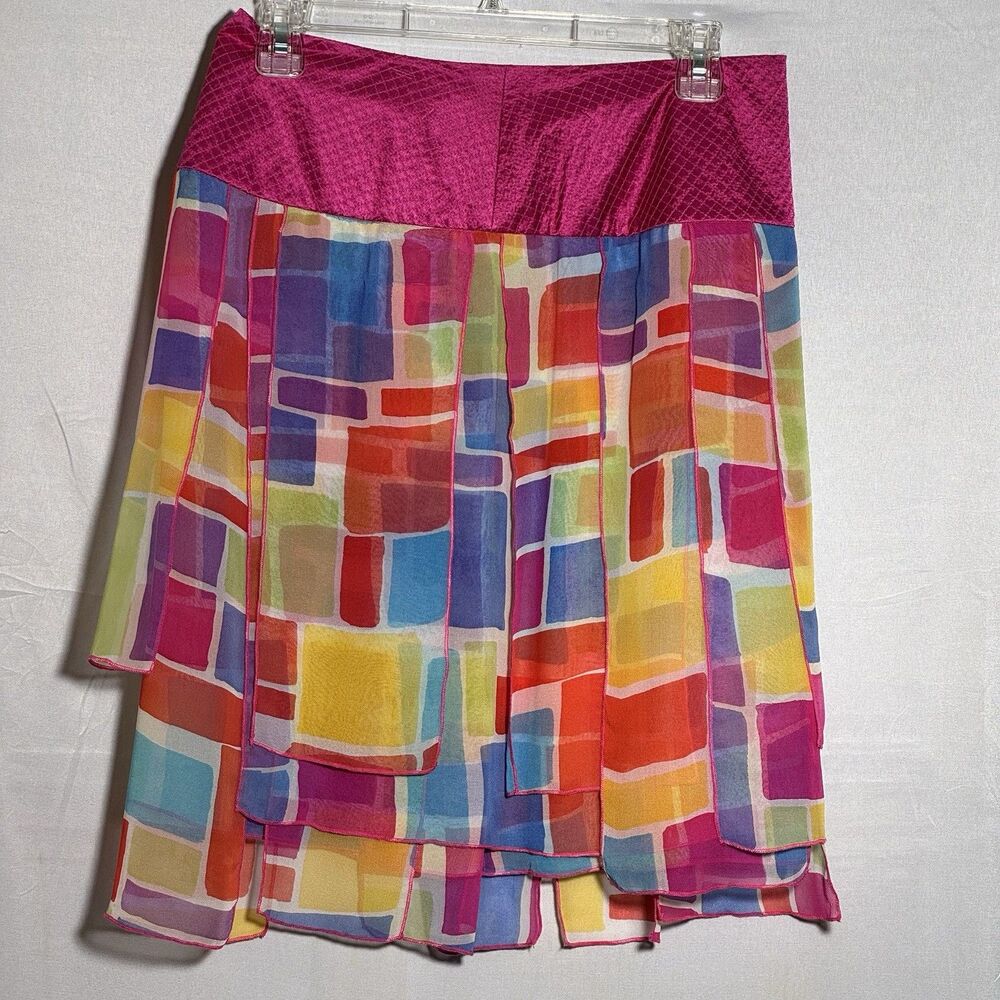 Isabella D 100% Silk Tiered Skirt Womens Size 6 Pink Multicolor Abstract Boho